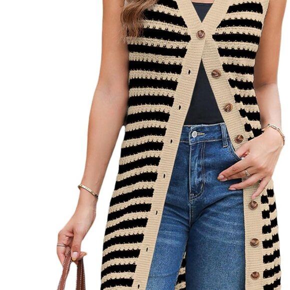 Chic V Neck Striped Sleeveless Cardigan Midi Dress – Versatile Fall Fashion